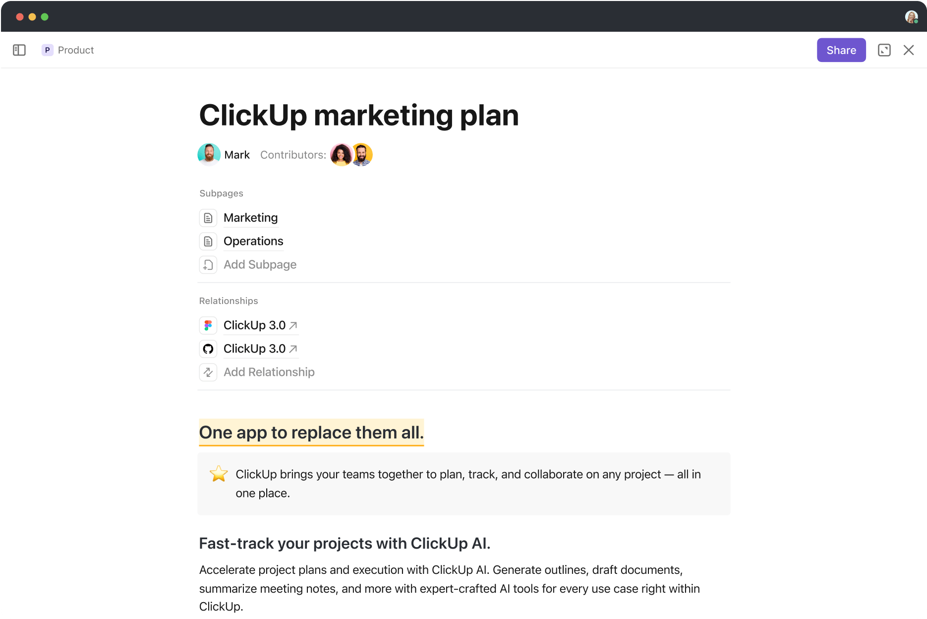 Write and collaborate on meeting notes with teams working remotely through ClickUp Docs.