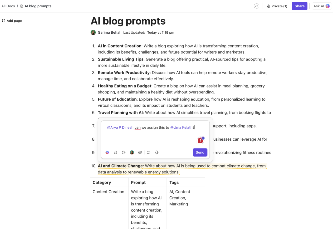 Create and organize prompts in ClickUp Docs for consistent AI content generation
