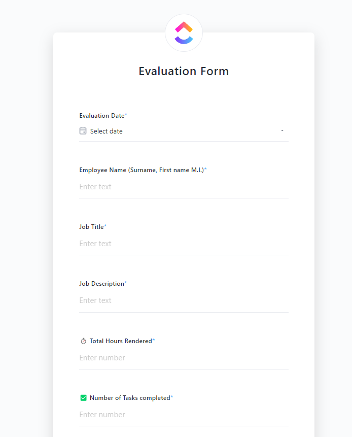 ClickUp-Formularvorlage für Bewertungen