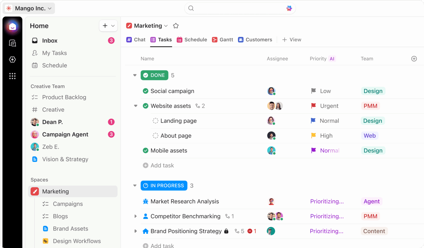 ClickUp workspace showing startup priorities, launch tasks, Docs, and cross-functional project views