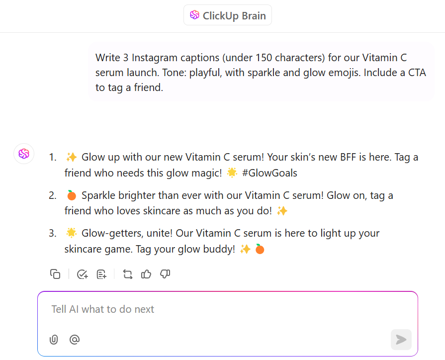 Use ClickUp Brain to generate captions for social media
