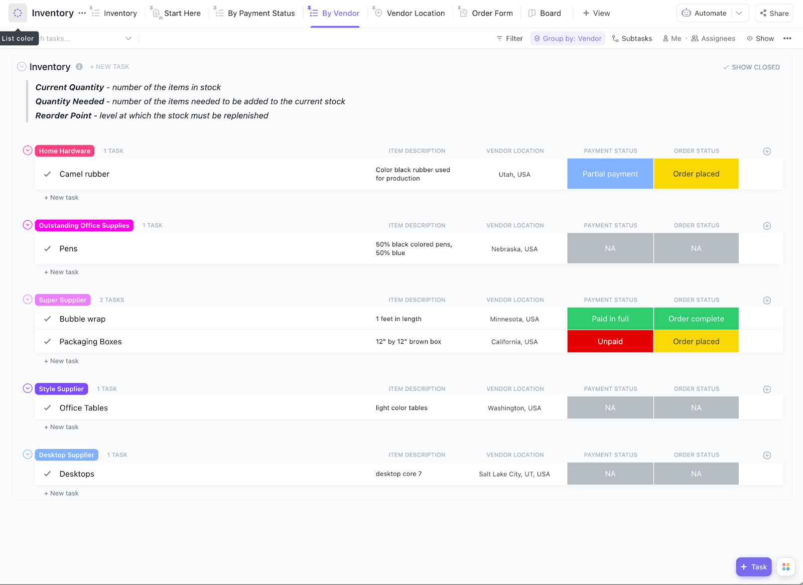ClickUp’s free Inventory Template