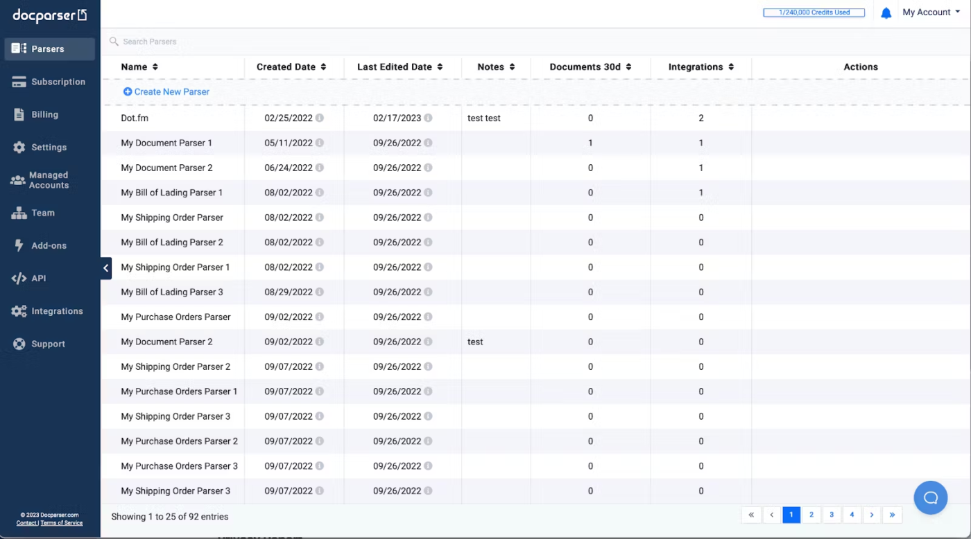 Tableau de bord DocParser : outils d'extraction de données