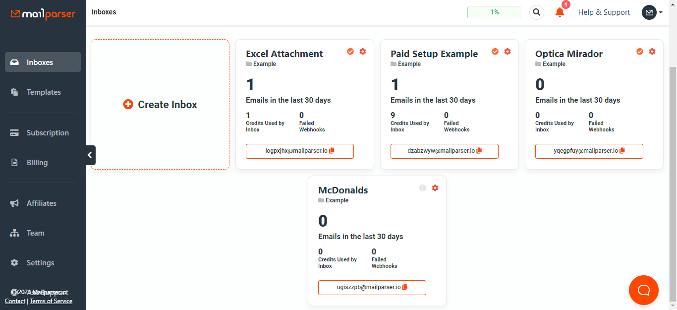 Tableau de bord Mailparser : outils d'extraction de données