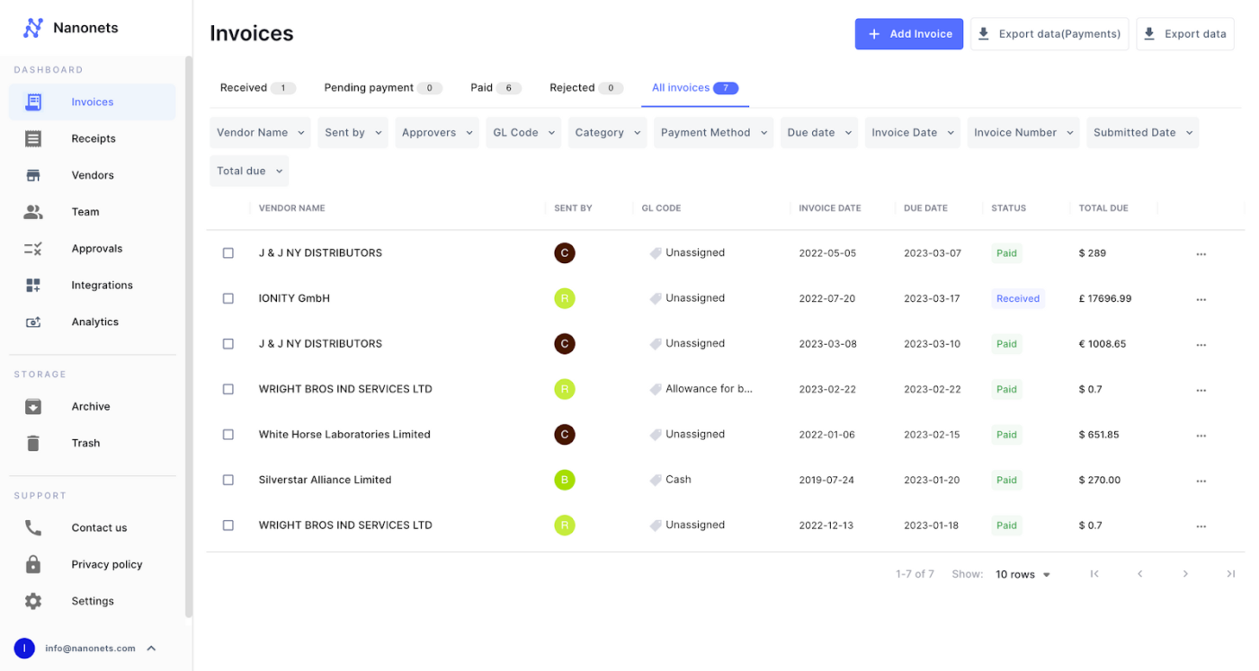 Tableau de bord Nanonets : outils d'extraction de données