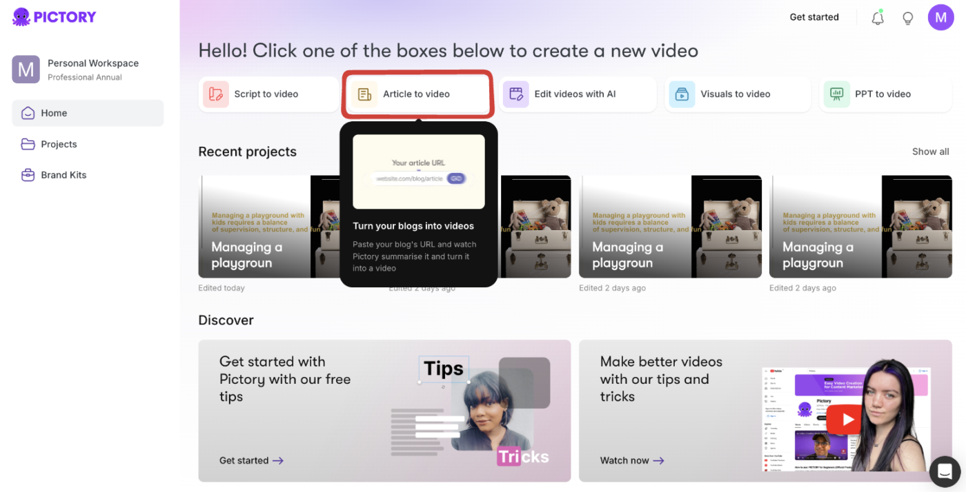 Tableau de bord Pictory : alternatives à 1Min AI