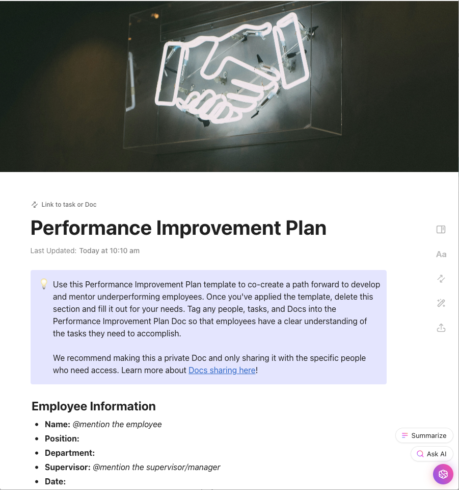 ClickUp Performance Improvement Plan Template (PIP)