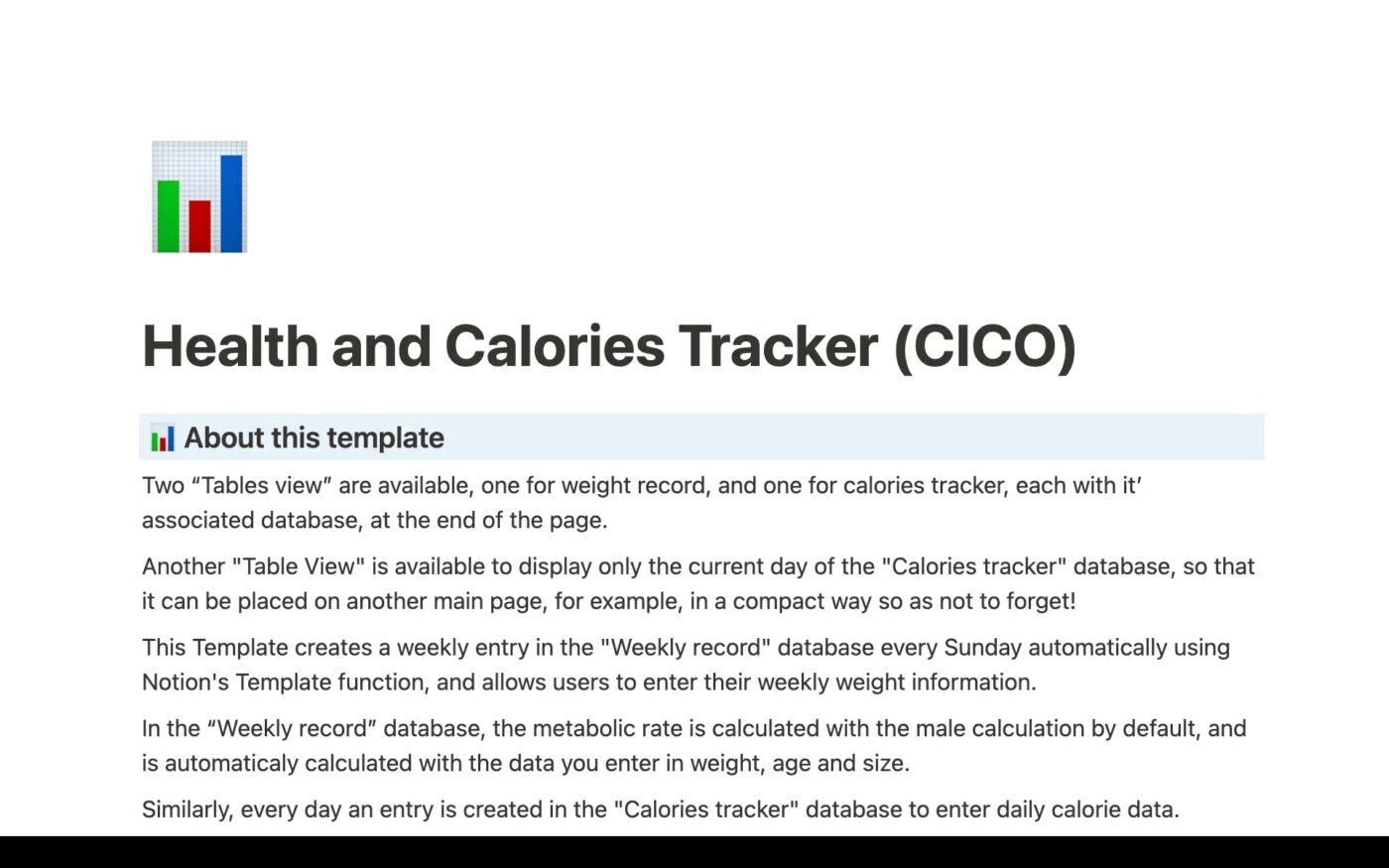 Modelli di allenamento Notion: Modello Notion per il monitoraggio della salute e delle calorie (CICO)