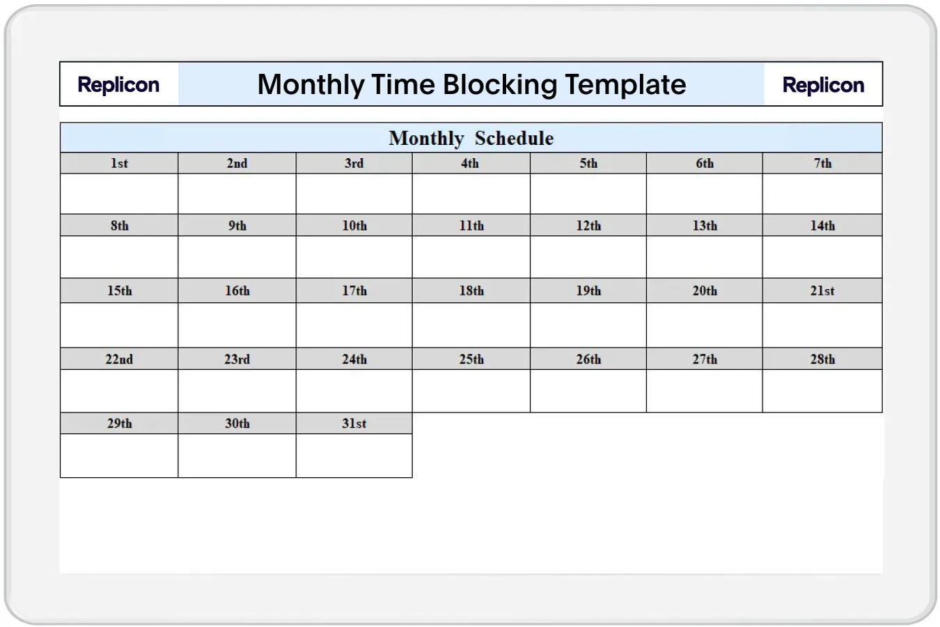 Excel Monthly Time Blocking Template by Replicon