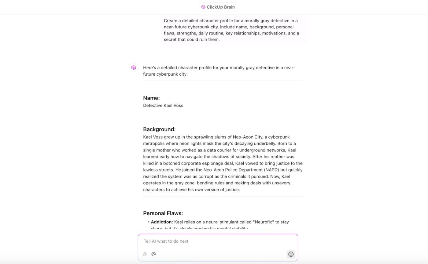 Character Sheet Template: Unlock smarter stories—build complex characters with ClickUp Brain in seconds