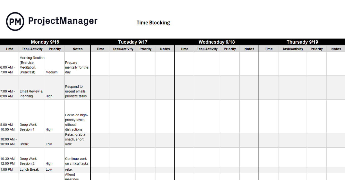 Excel Time Blocking Template by Project Manager
