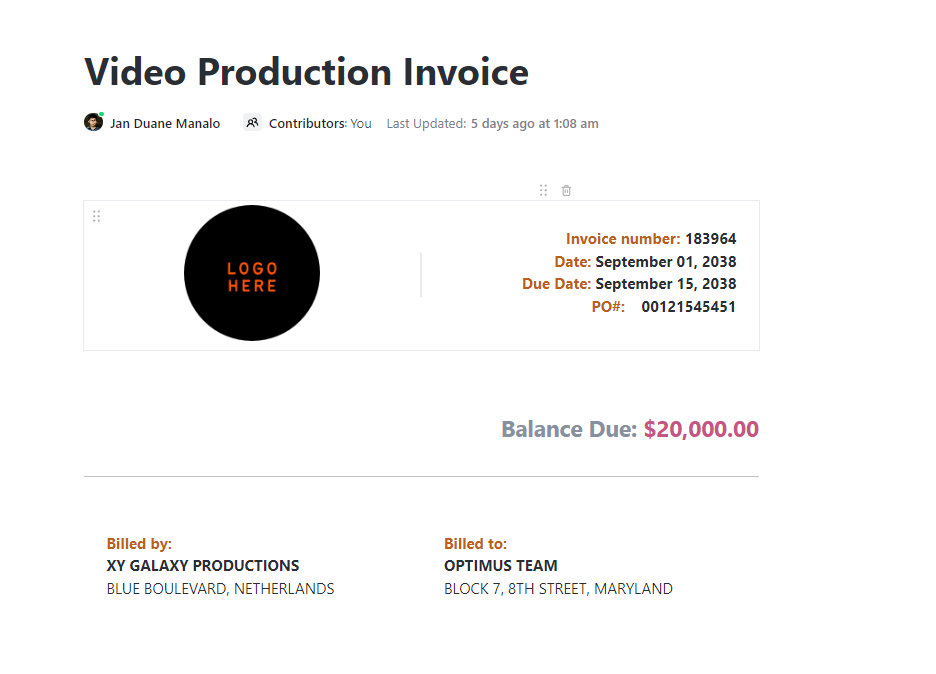 Video Production Template: ClickUp Video Production Invoice Template