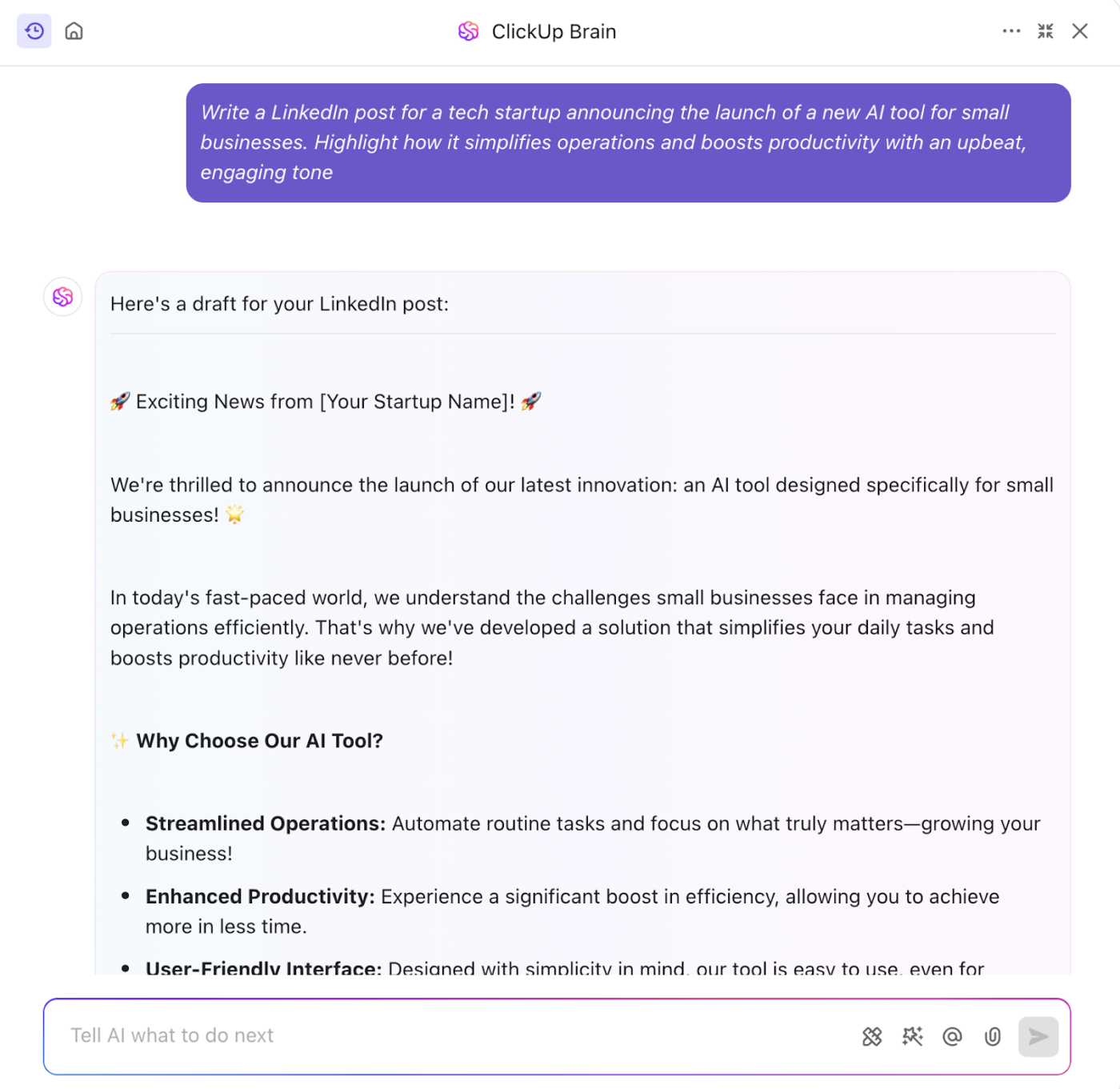 Social Media Reporting Template: Create engaging social media copy fast with ClickUp Brain, ClickUp’s native AI