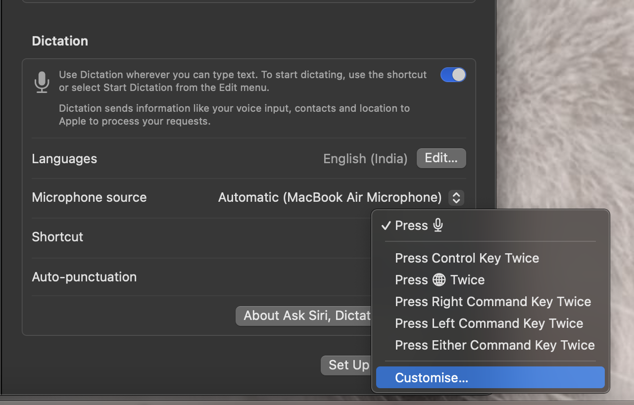 Shortcut in the pop-up menu