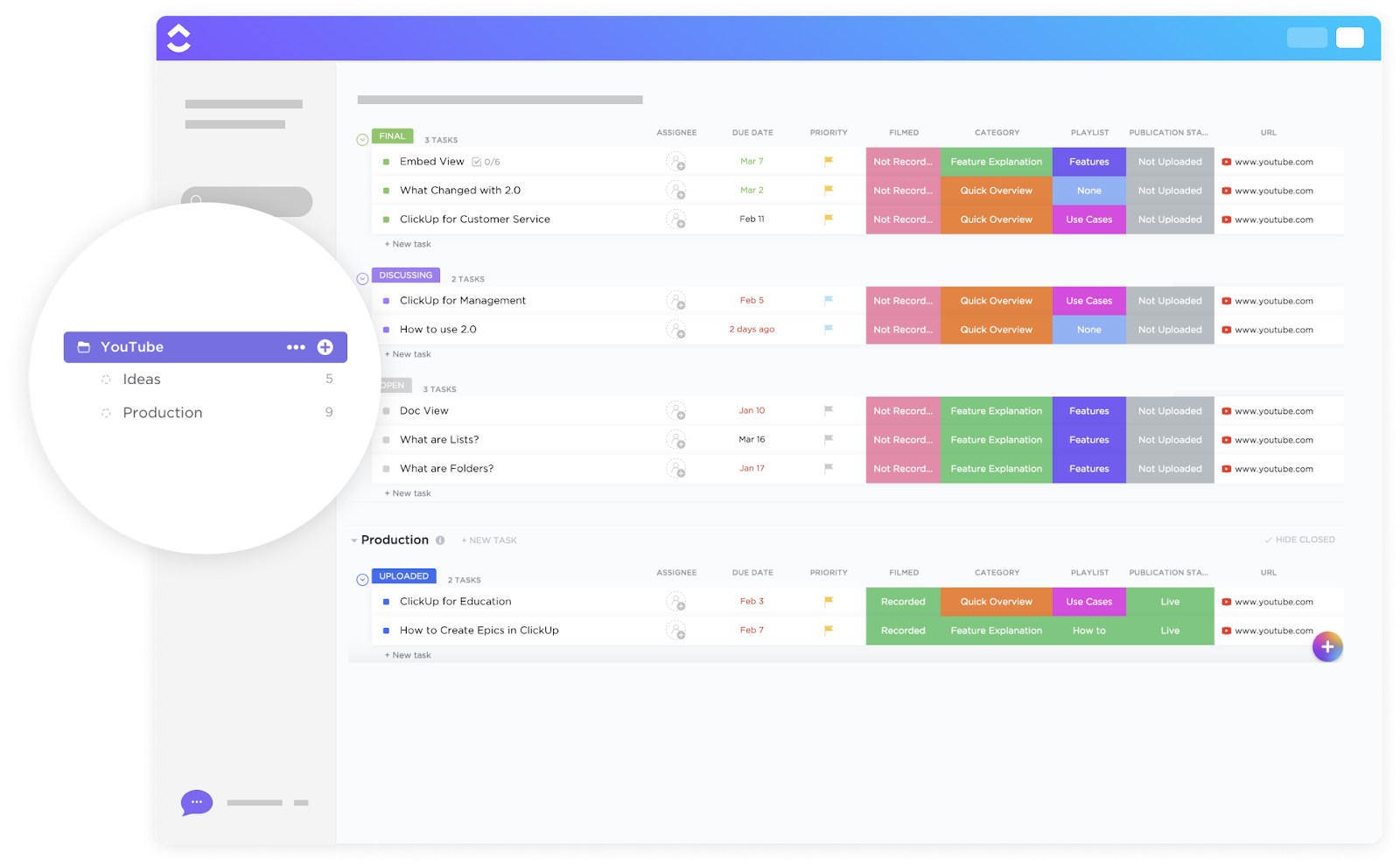 Simplify YouTube content planning and execution with the ClickUp YouTube Template