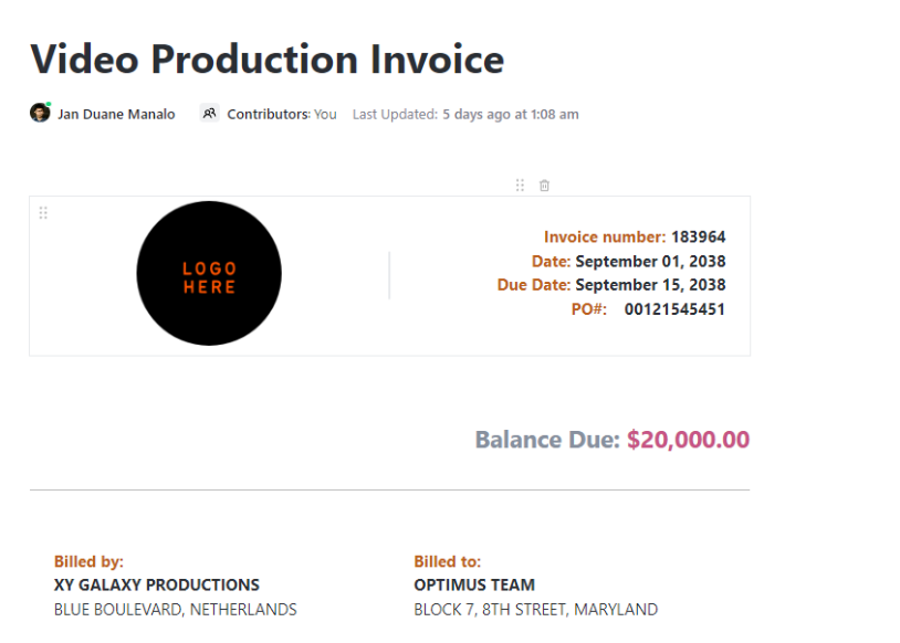Showcase professionalism with a client-ready video production invoice with the ClickUp Video Production Invoice Template