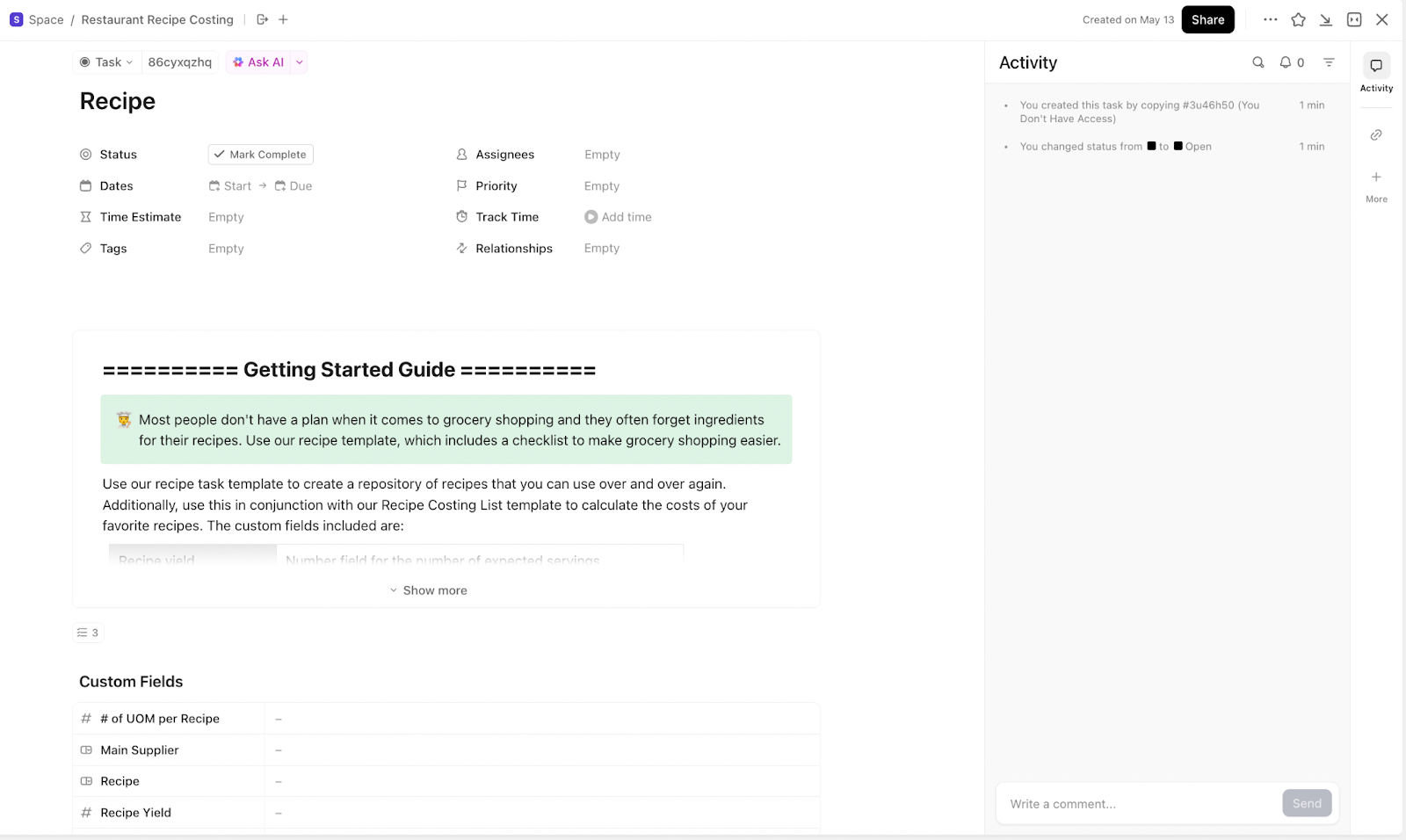 ClickUp Recipe Template