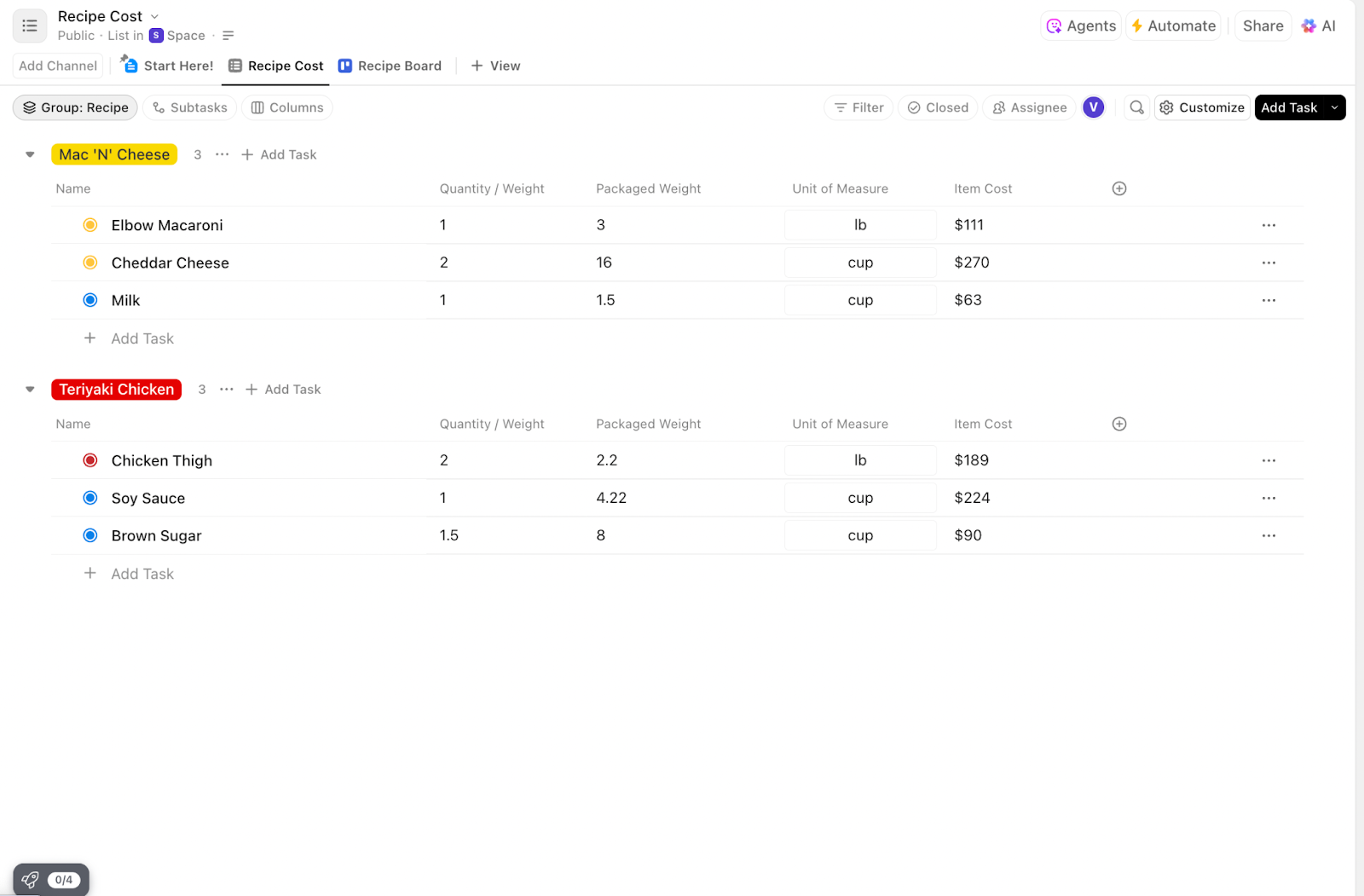 ClickUp Recipe Cost Template
