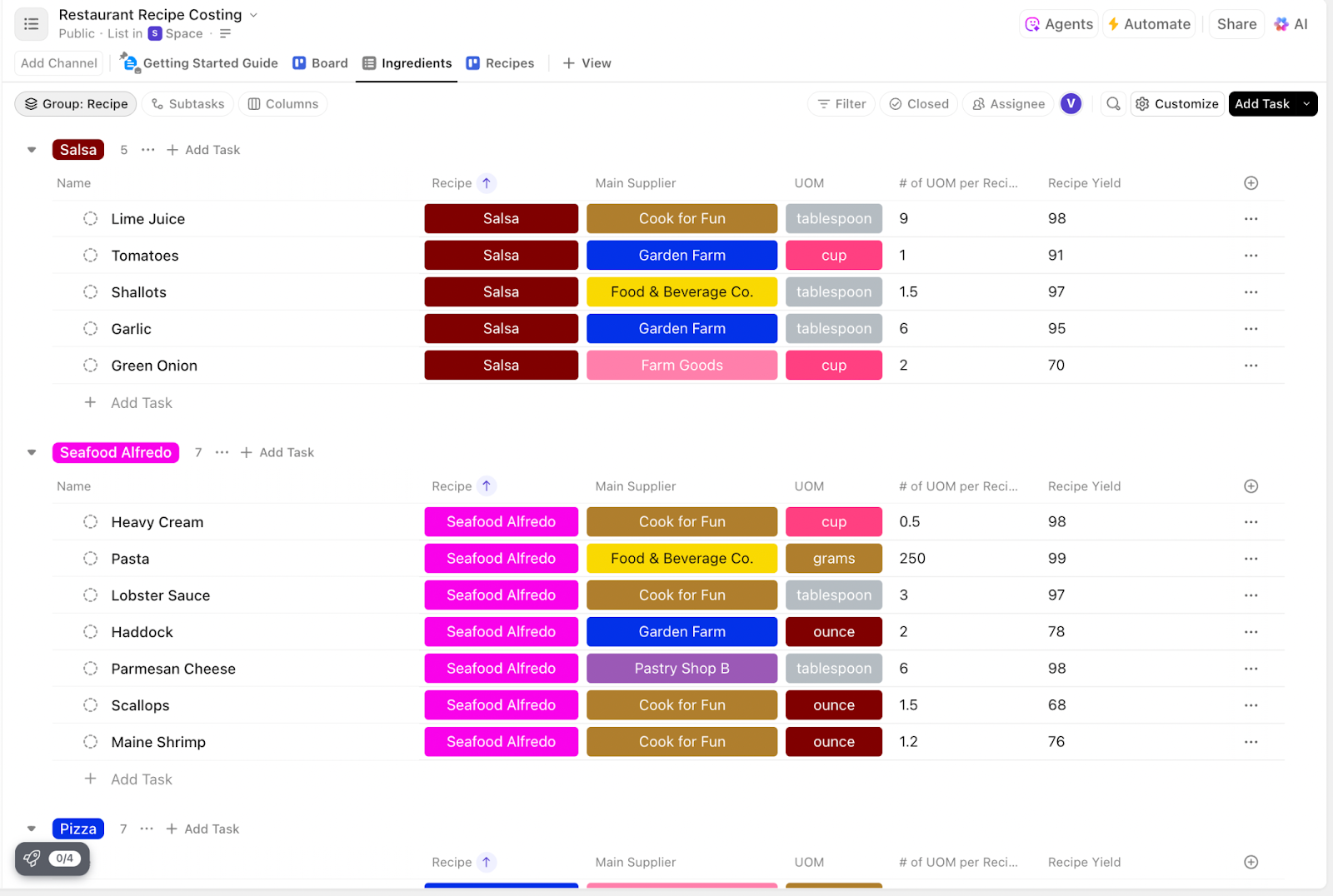 ClickUp Restaurant Recipe Cost Template