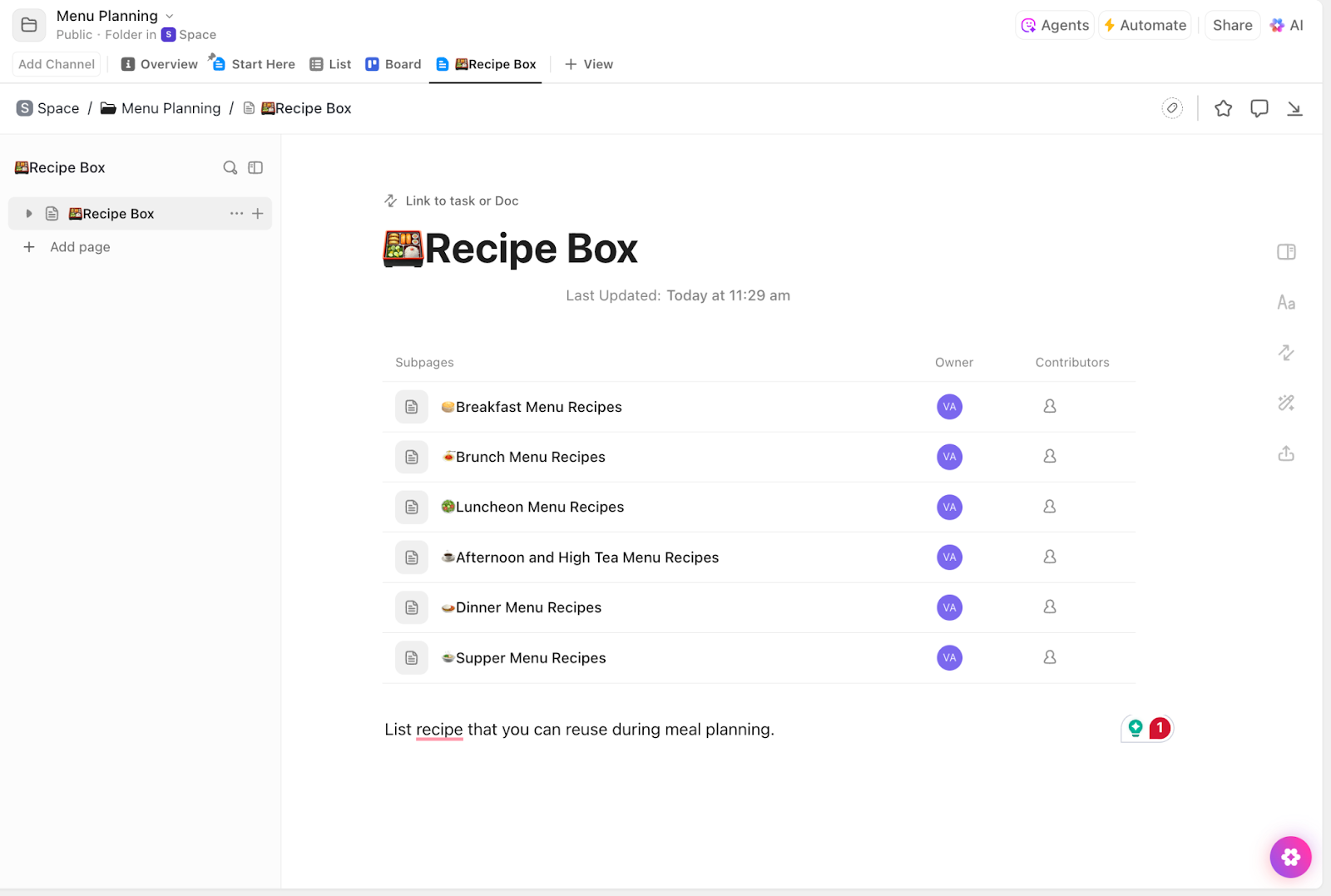 ClickUp Menu Planning Template