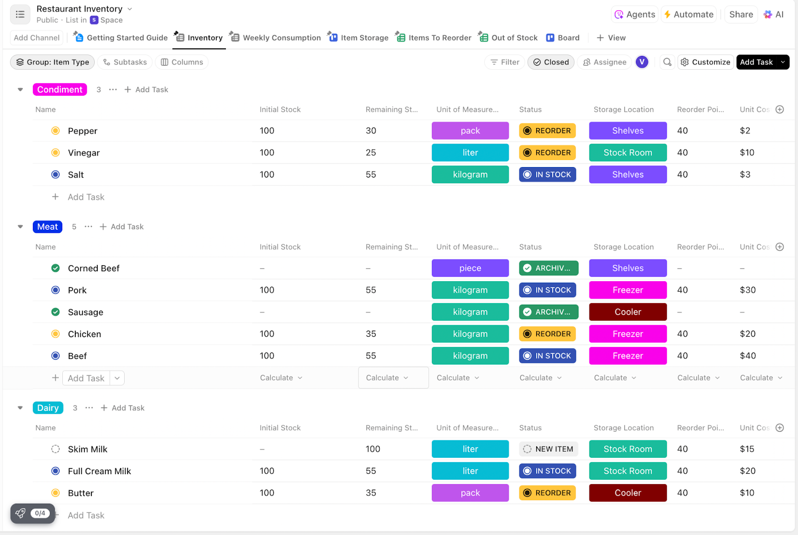 ClickUp Restaurant Inventory Template