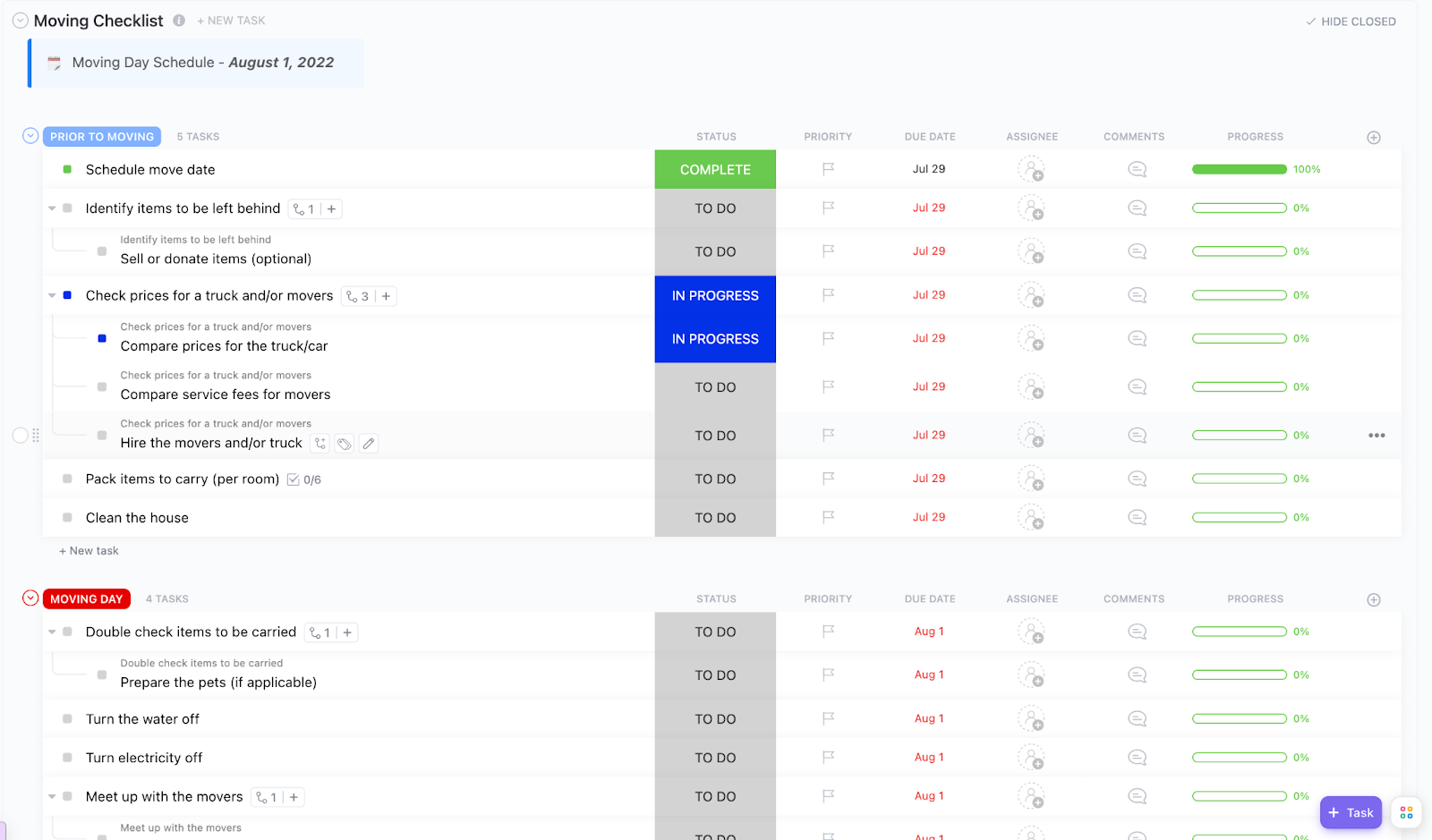 ClickUp Moving Checklist Template
