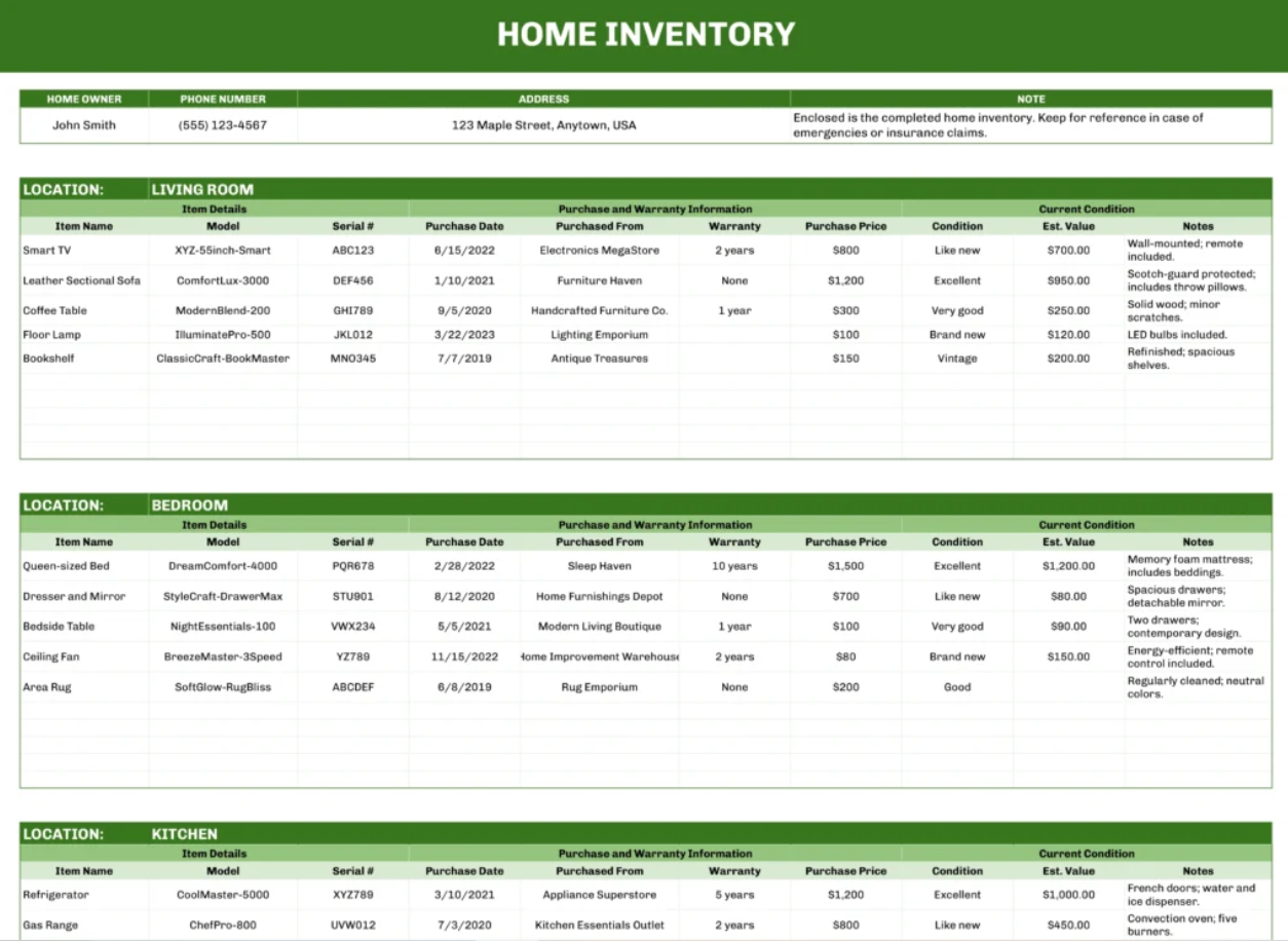 Spreadsheet Home Inventory Template