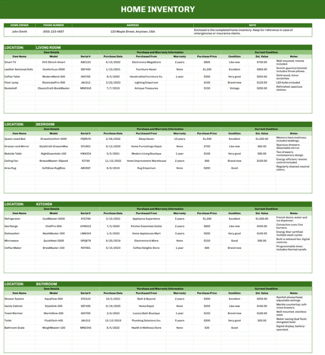 Spreadsheet Home Inventory Template