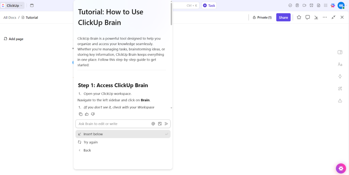 ClickUp Brain: Best employee training tracking software with AI