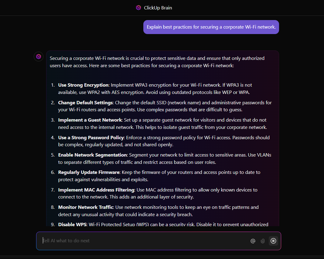 Create network security guides and brainstorm ideas to implement secure network processes with ClickUp Brain’s AI assistance 