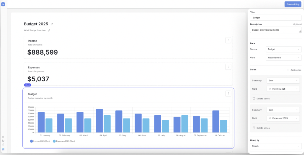 Customizable dashboard on Baserow