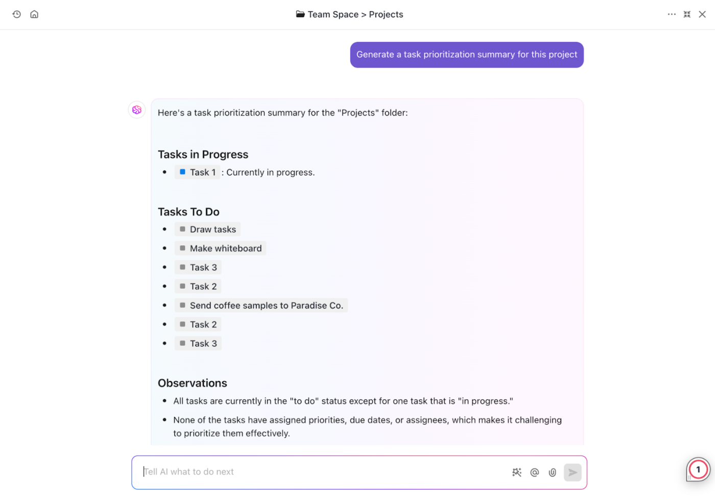 ClickUp Brain's AI assistance