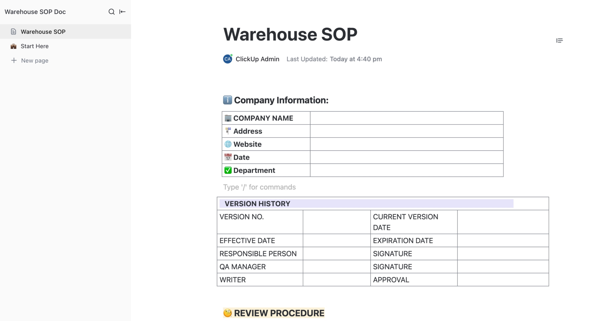warehouse sop template by clickup