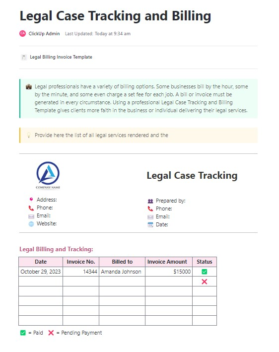 Modelo de acompanhamento e faturamento de processos jurídicos da ClickUp