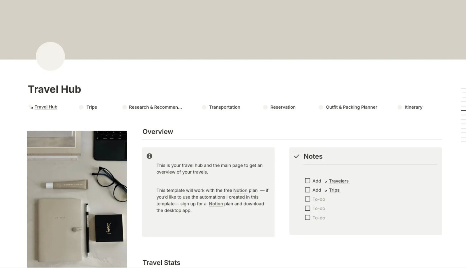 Travel hub template for Notion