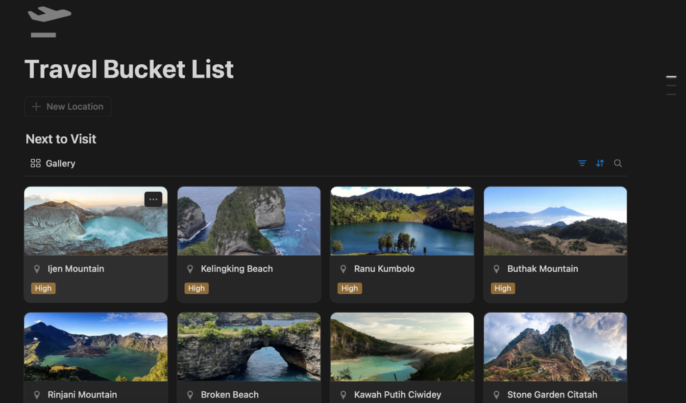Notion travel template for bucket list