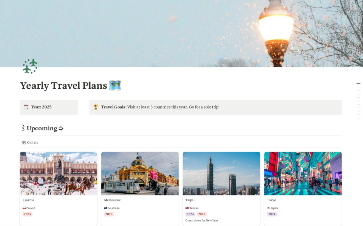 Travel plans template for Notion