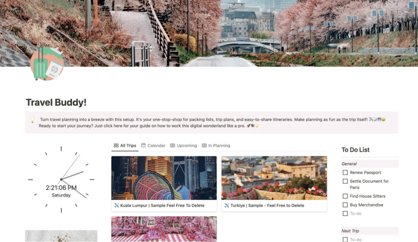 Travel buddy template for Notion