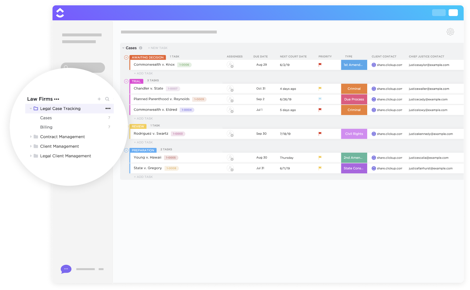 Modelo de acompanhamento de processos jurídicos da ClickUp