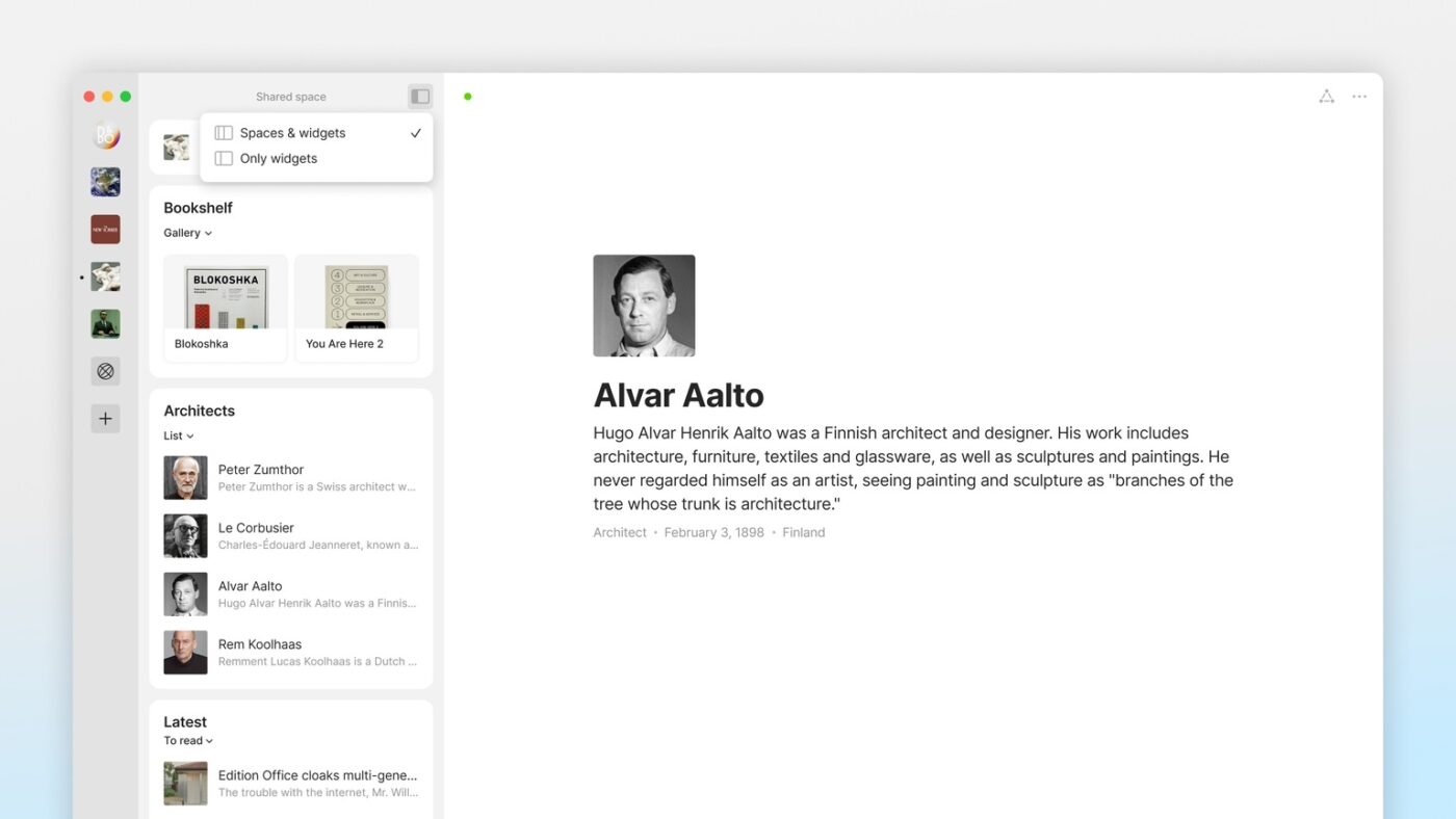 Widgets for quick navigation in Anytype