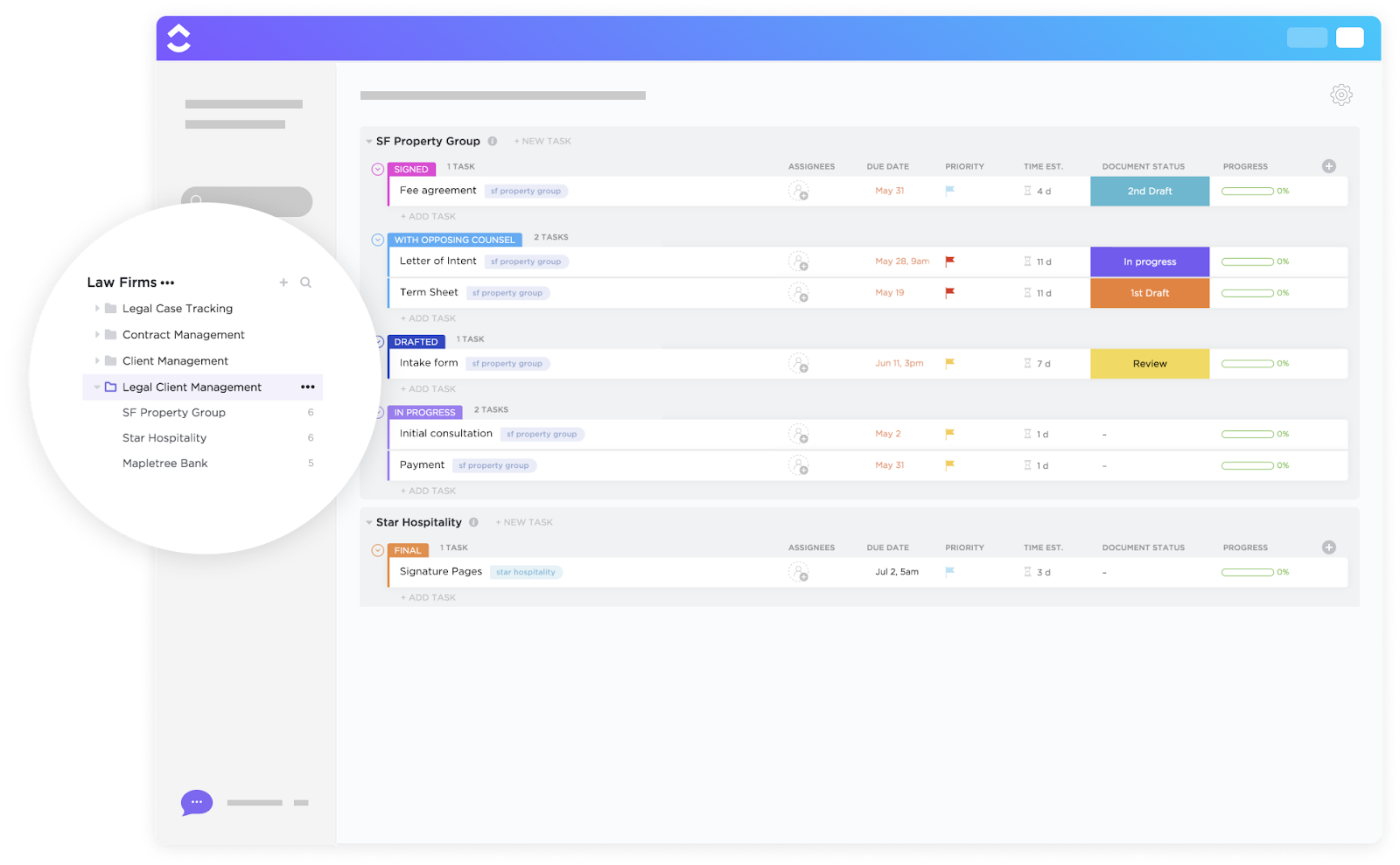 Modelo de gerenciamento de clientes jurídicos da ClickUp