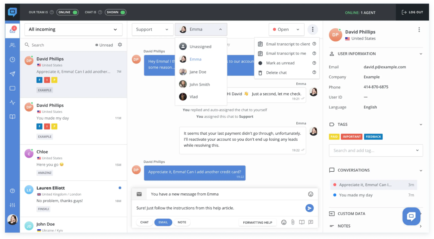 HelpCrunch: Deliver a unified self serve online library by combining chat, email, and a private knowledge base