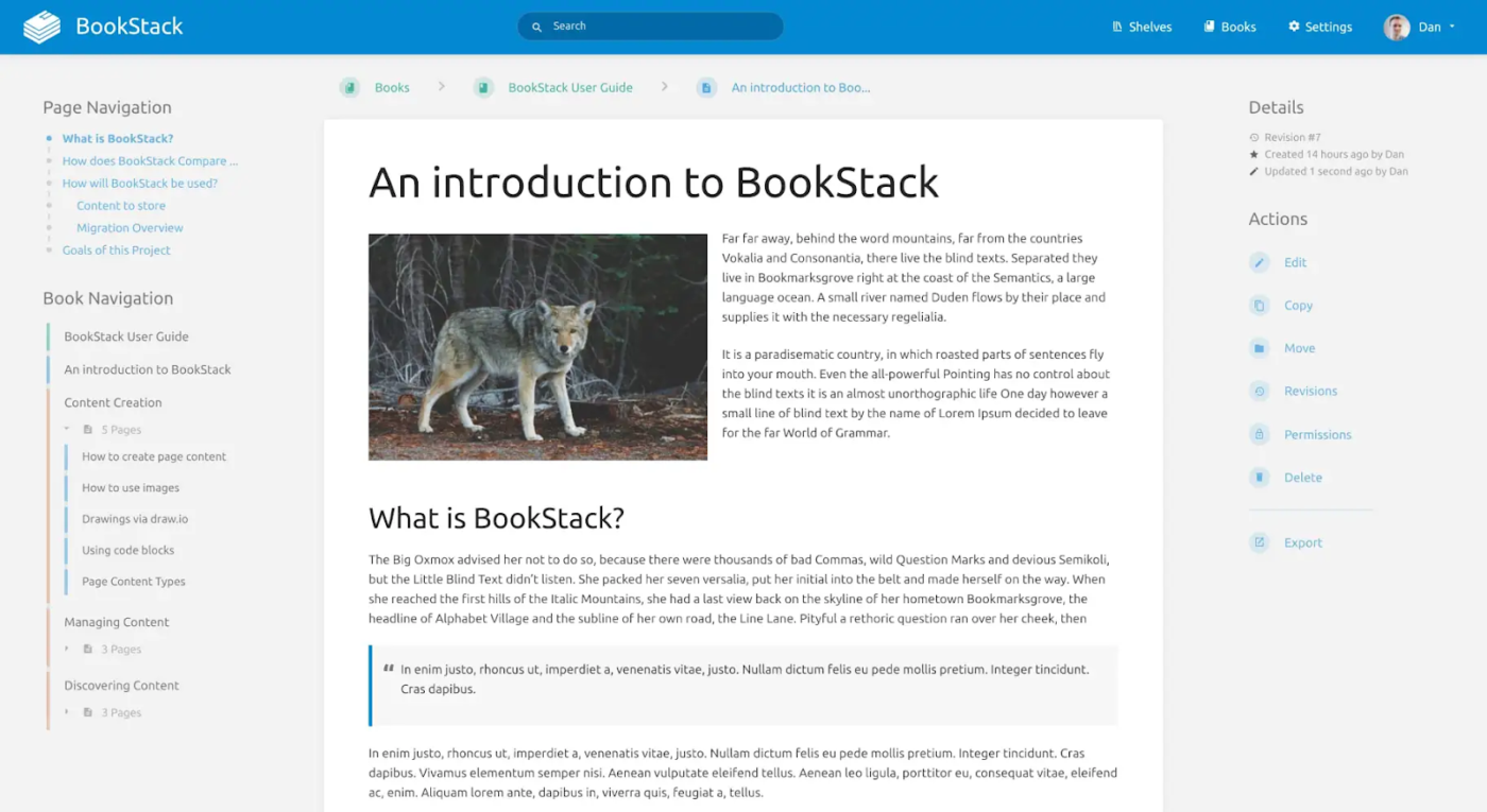BookStack: A self-hosted platform using a book-like structure for managing internal documentation