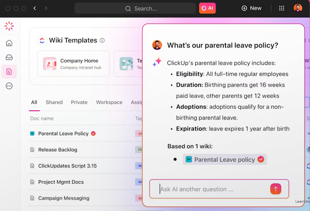 ClickUp Brain: An AI tool to help you search through the free knowledge base software 