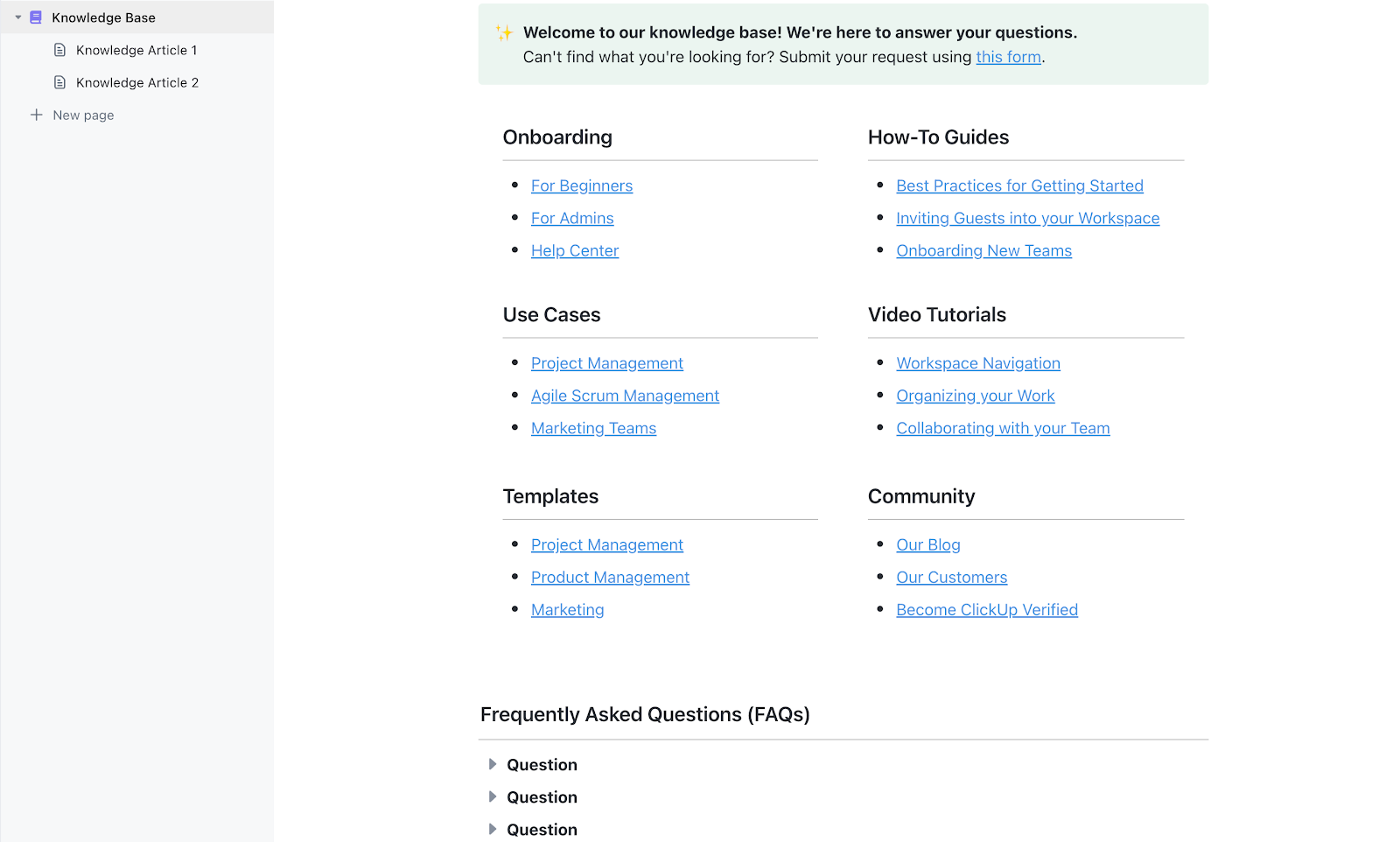 ClickUp Knowledge Base Template: A pre-built structure to store all the knowledge of your organization