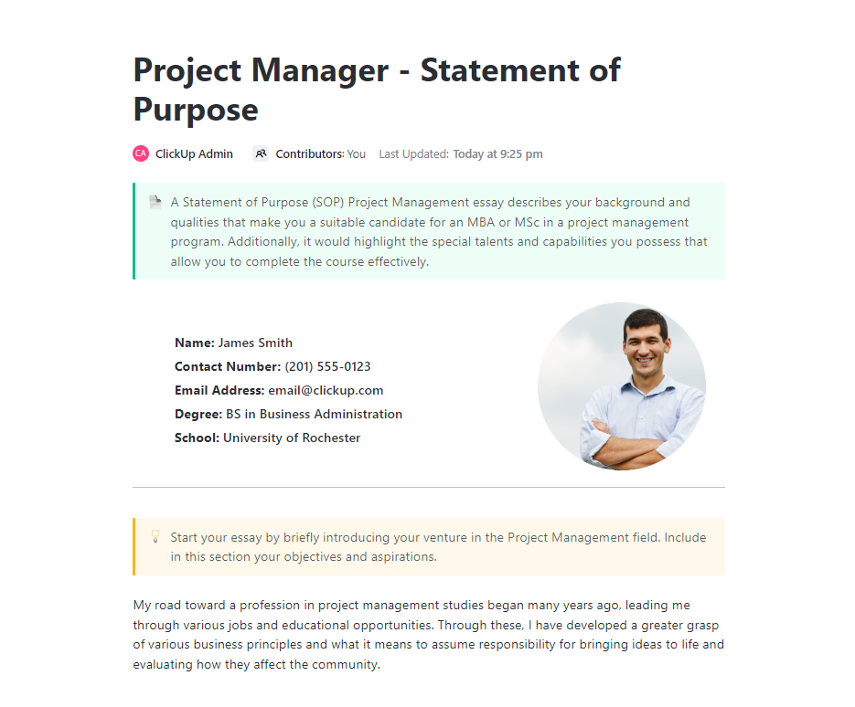 ClickUp Project Manager – Statement of Purpose Template