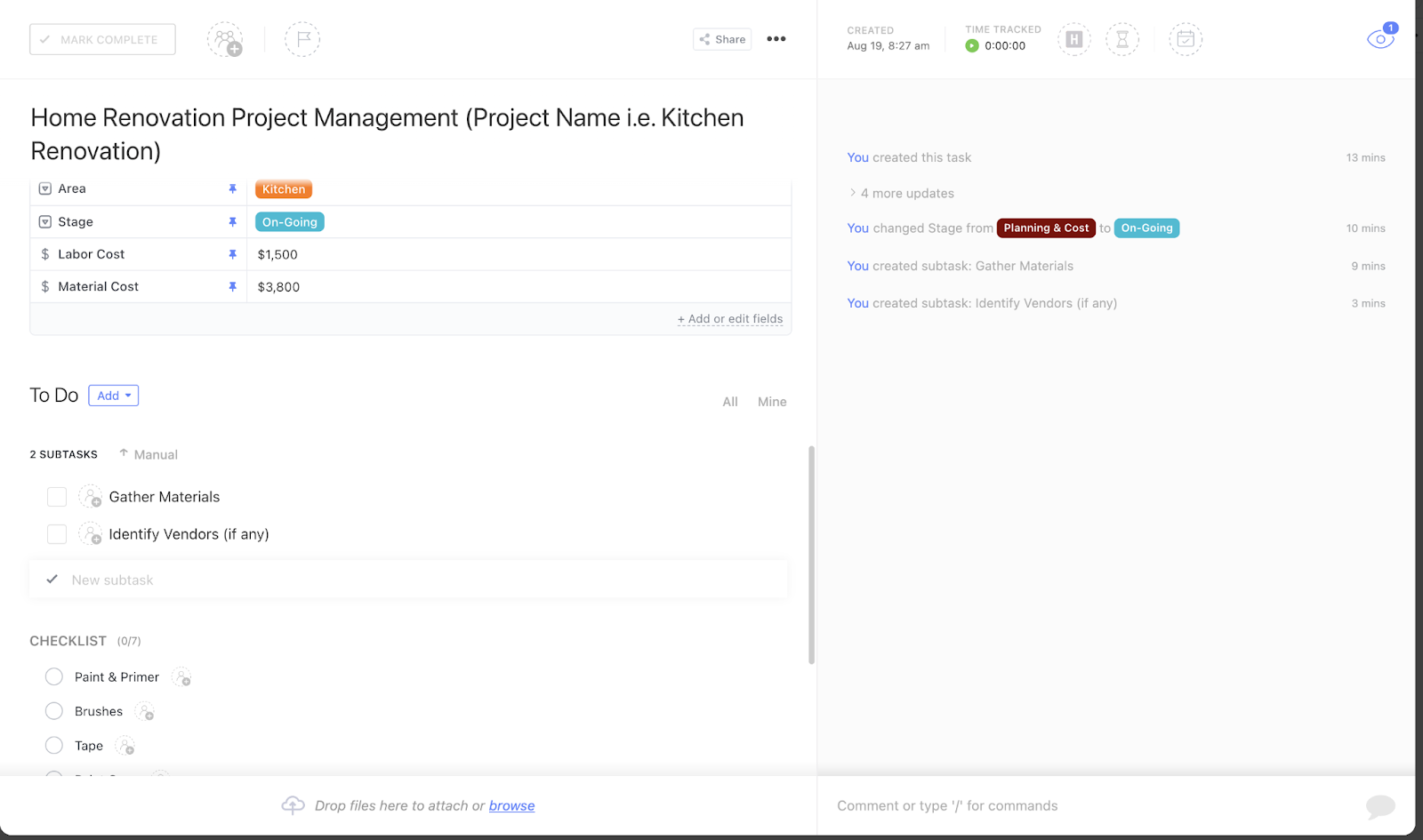 ClickUp Home Renovation Project Management Template