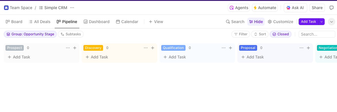 Focus on essentials using minimal Custom Fields and Task Views using the ClickUp Simple CRM Template