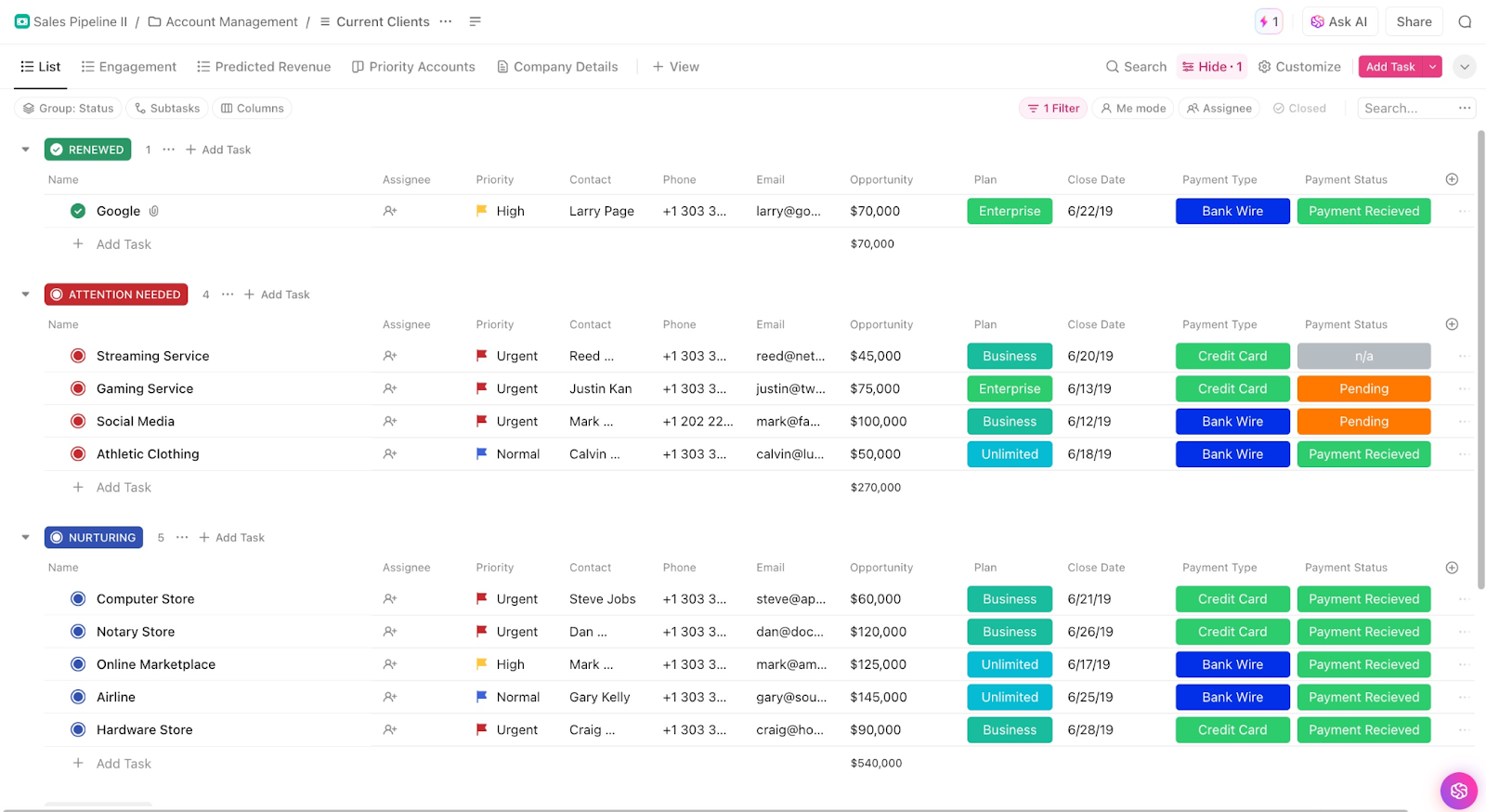 Identify and resolve bottlenecks visually with the ClickUp Sales Pipeline Template’s drag-and-drop stages