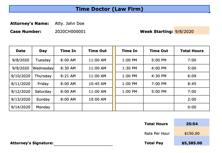 Modelo de planilha de horas trabalhadas quinzenal para advogados em PDF/Word